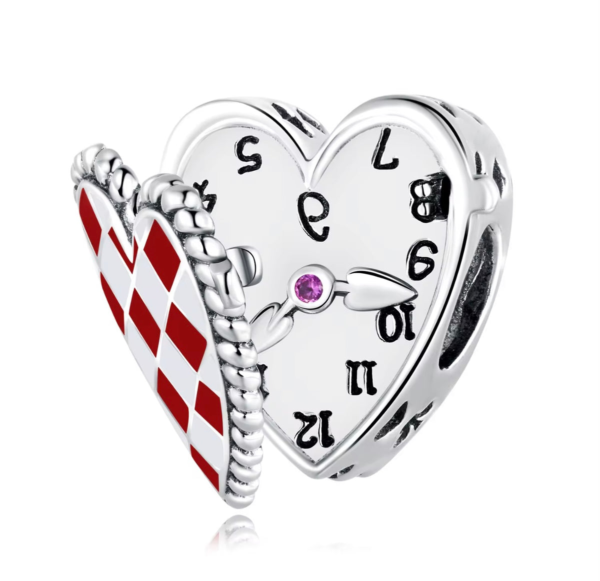 Alice in Wonderland Heart Locket Clock Sterling Silver Bead Charm