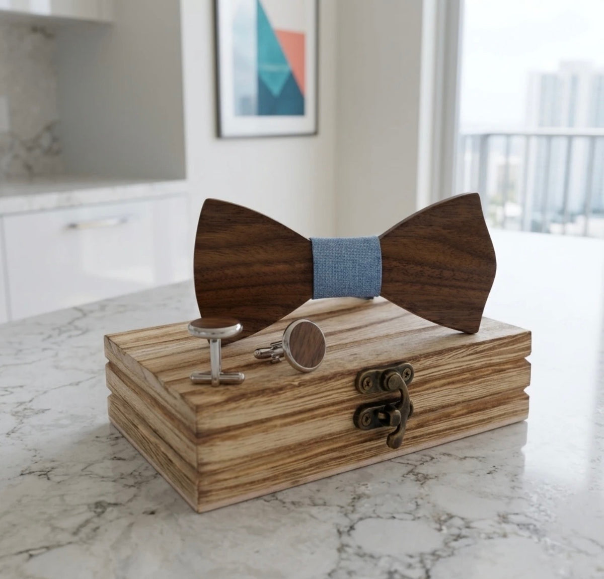 HandCarved KOA Wood BowTie and Matching Cufflinks Blue Band