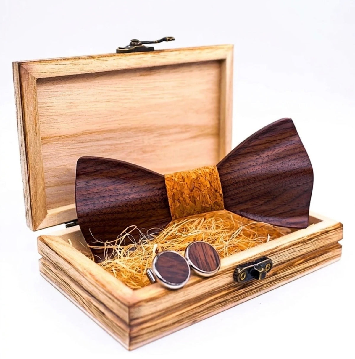 HandCarved Wood BowTie and Matching Cufflinks Cork Band