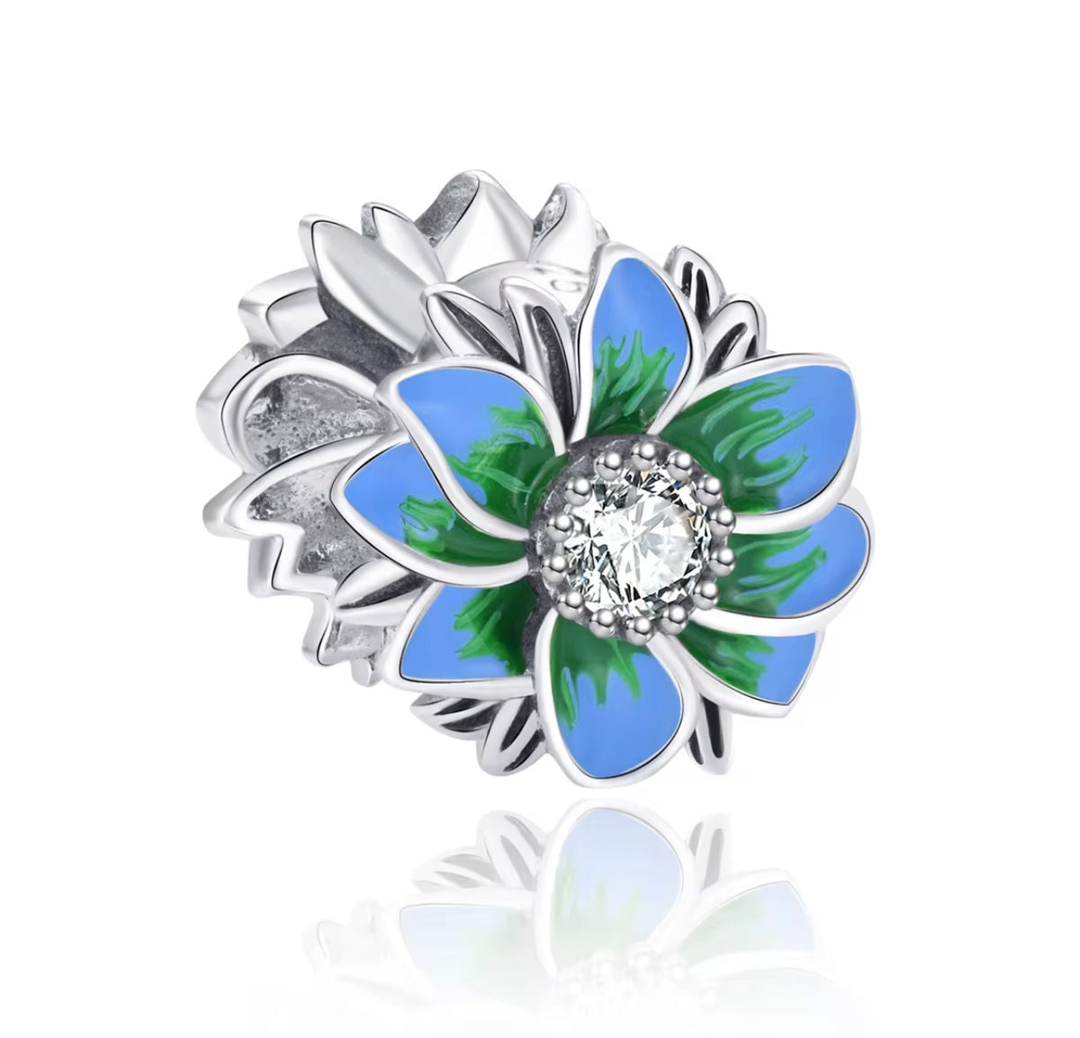 Bursting Blue Floral Sterling Silver Bead Charn