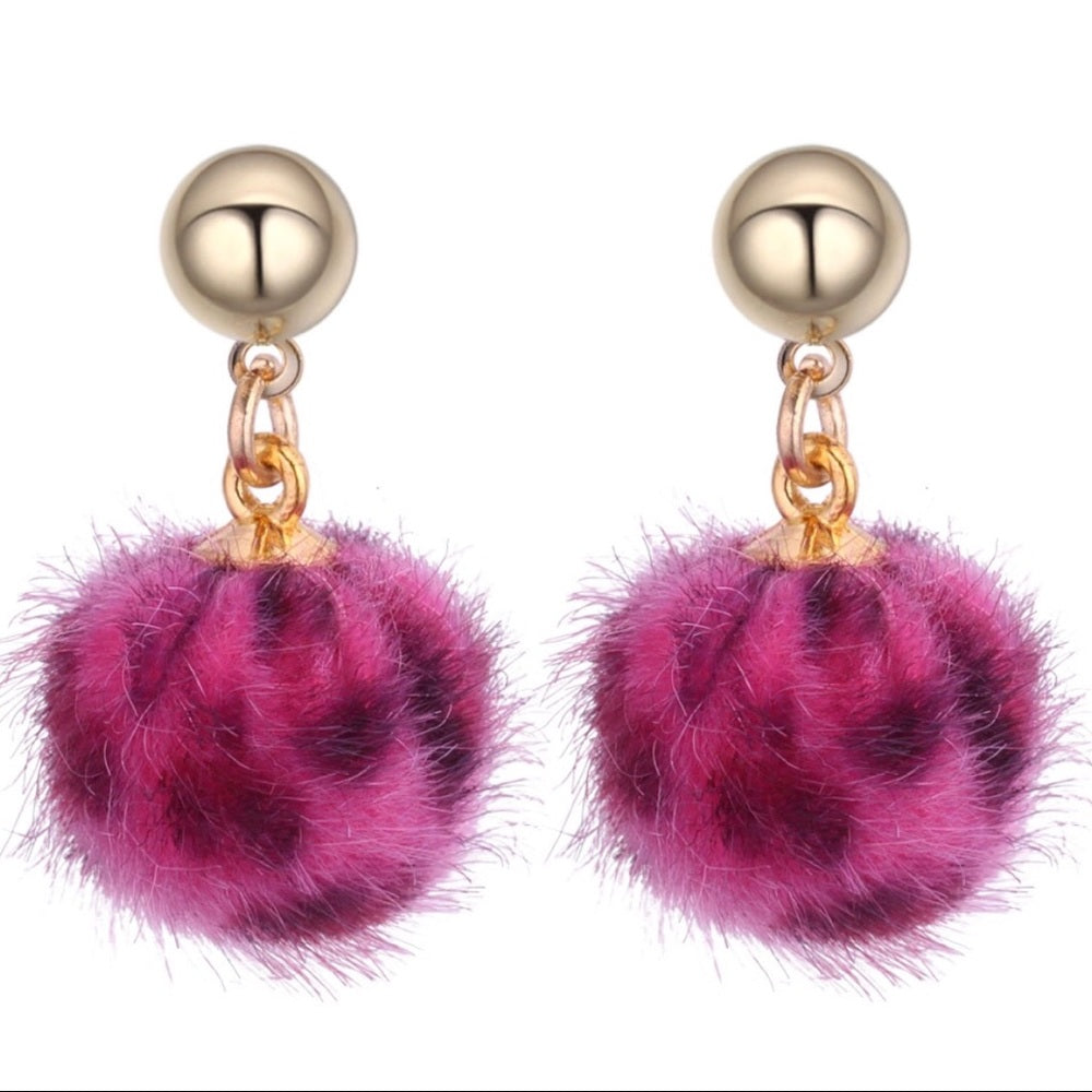 Leopard Pom Pom Earrings Faux Fur NWT