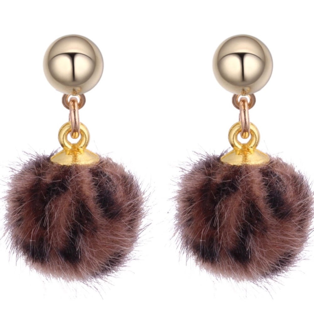 Leopard Pom Pom Earrings Faux Fur NWT