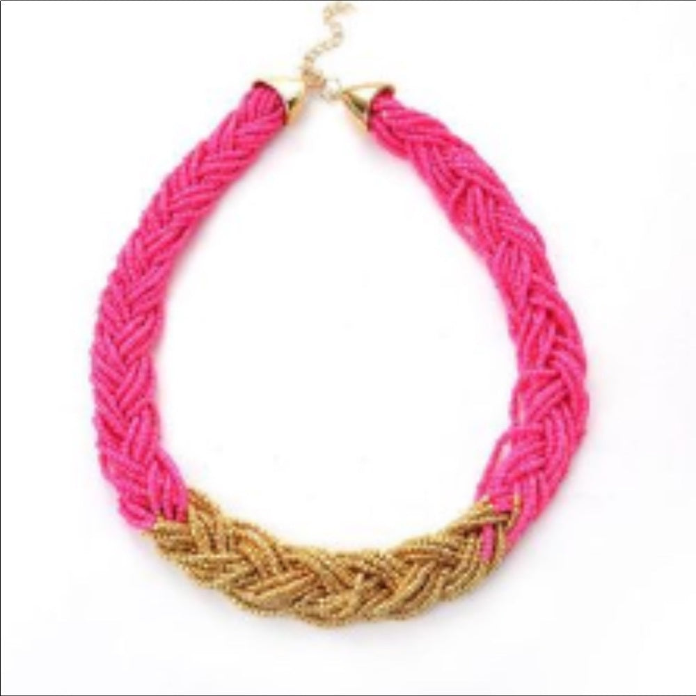 Pink and Gold Beaded Braided Necklace New