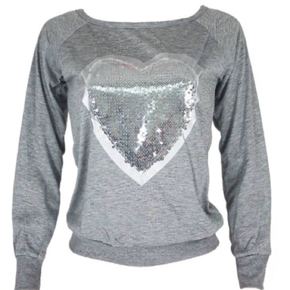 Grey Glitzy Glam Heart Top New With Tags