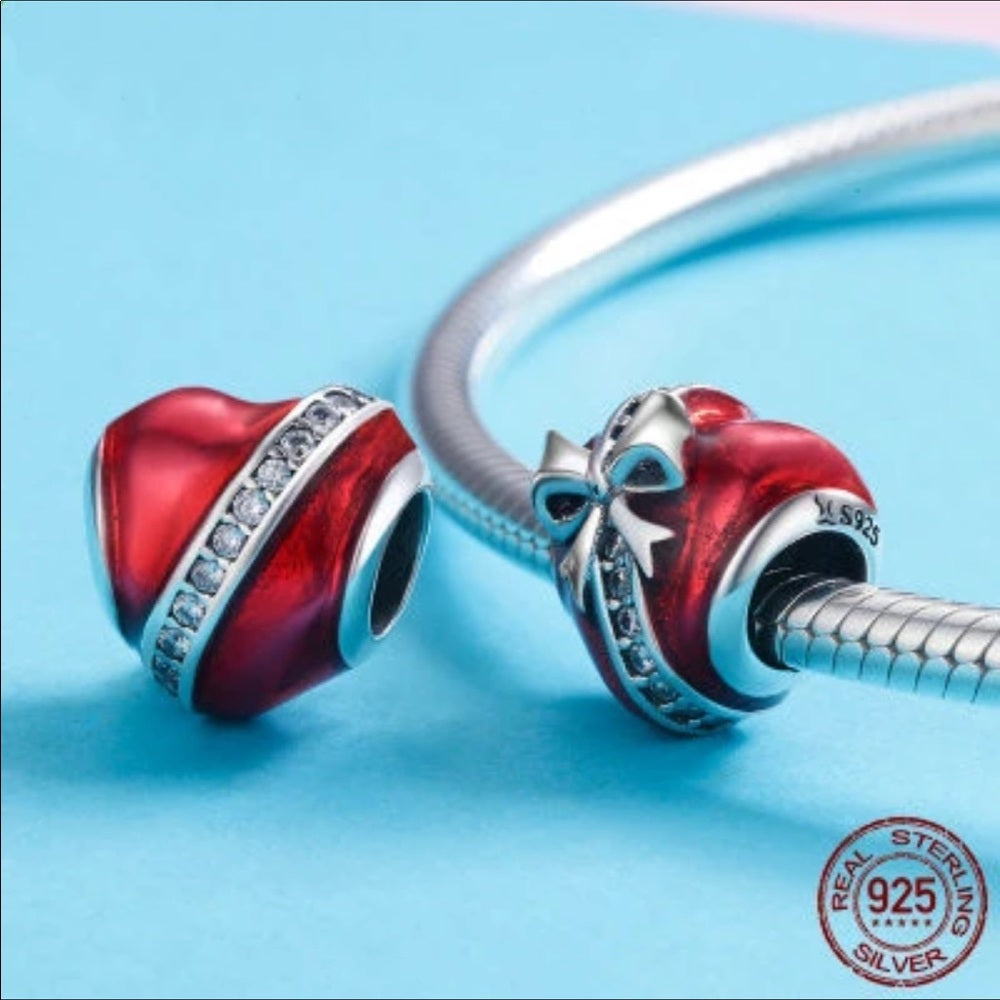 Sterling Silver Red Heart Bow Swarovski Bead Charm