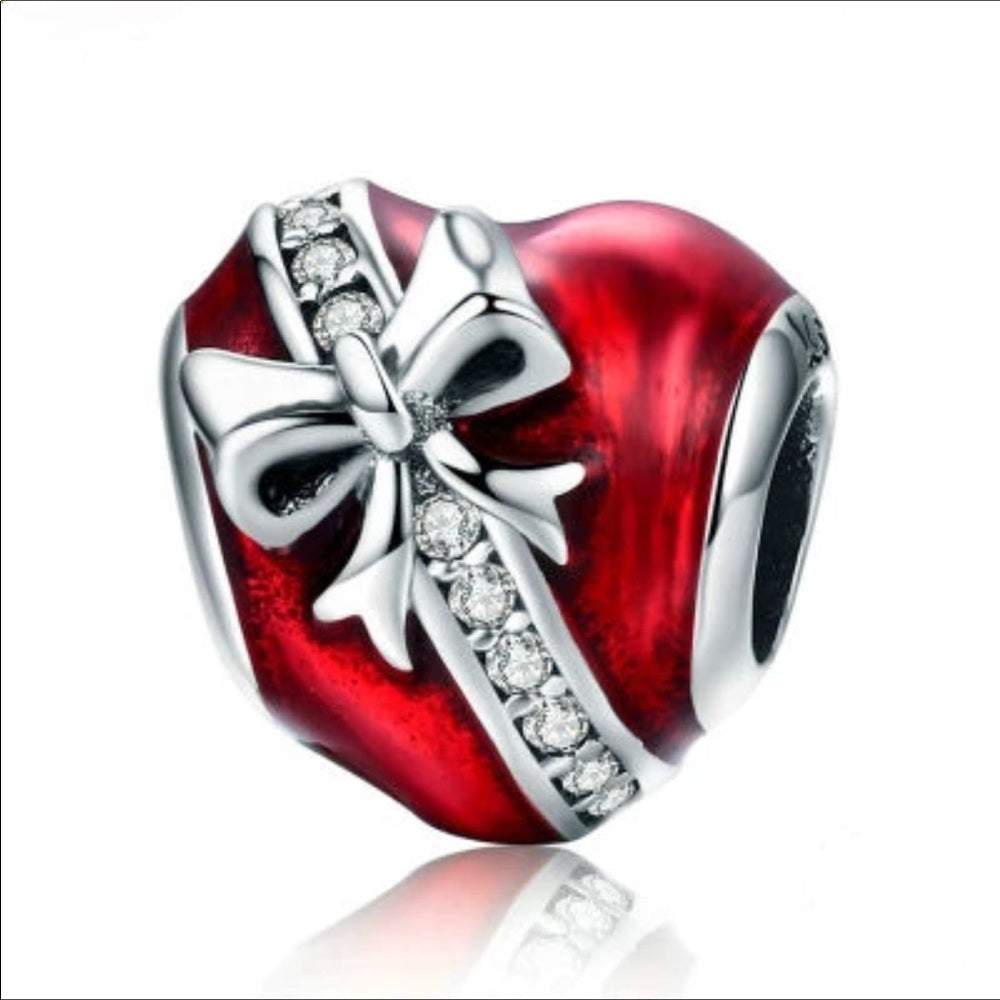 Sterling Silver Red Heart Bow Swarovski Bead Charm
