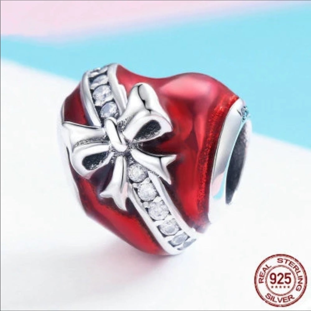 Sterling Silver Red Heart Bow Swarovski Bead Charm