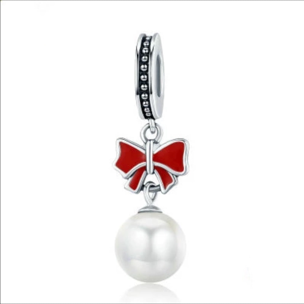 Sterling Silver Red Bow Pearl Drop Bead Charm New