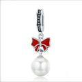 Sterling Silver Red Bow Pearl Drop Bead Charm New