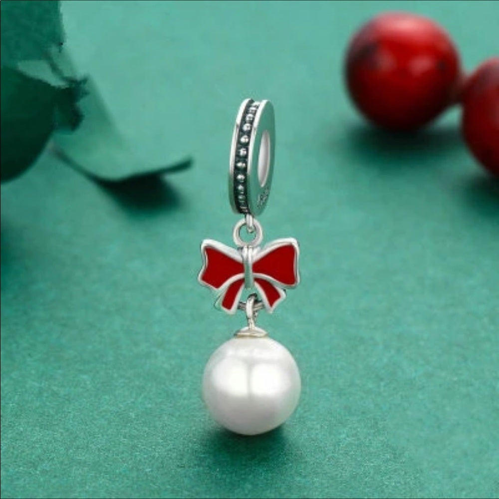 Sterling Silver Red Bow Pearl Drop Bead Charm New