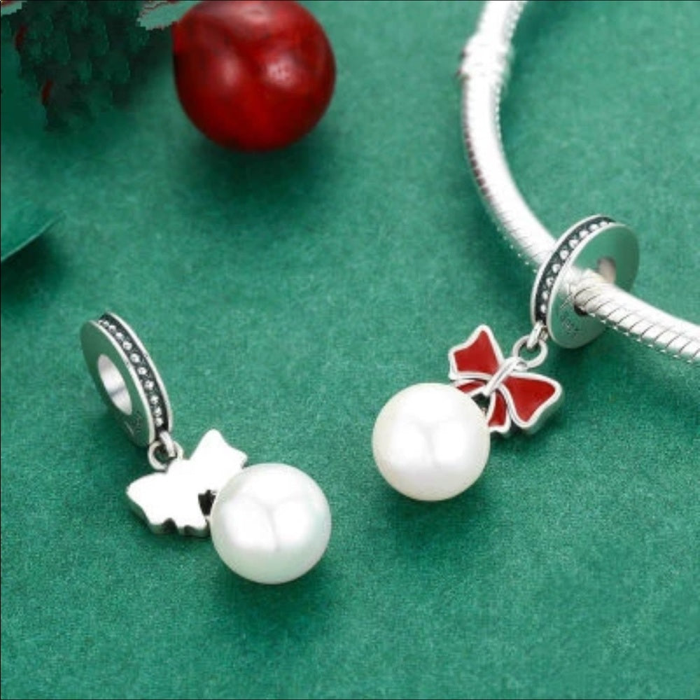 Sterling Silver Red Bow Pearl Drop Bead Charm New