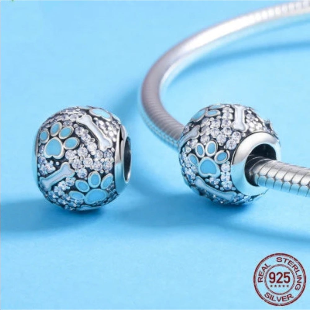 Sterling Silver Blue Paws Bead Charm New