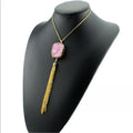 Pink Quartz Long Gold Tassel Necklace Adjustable