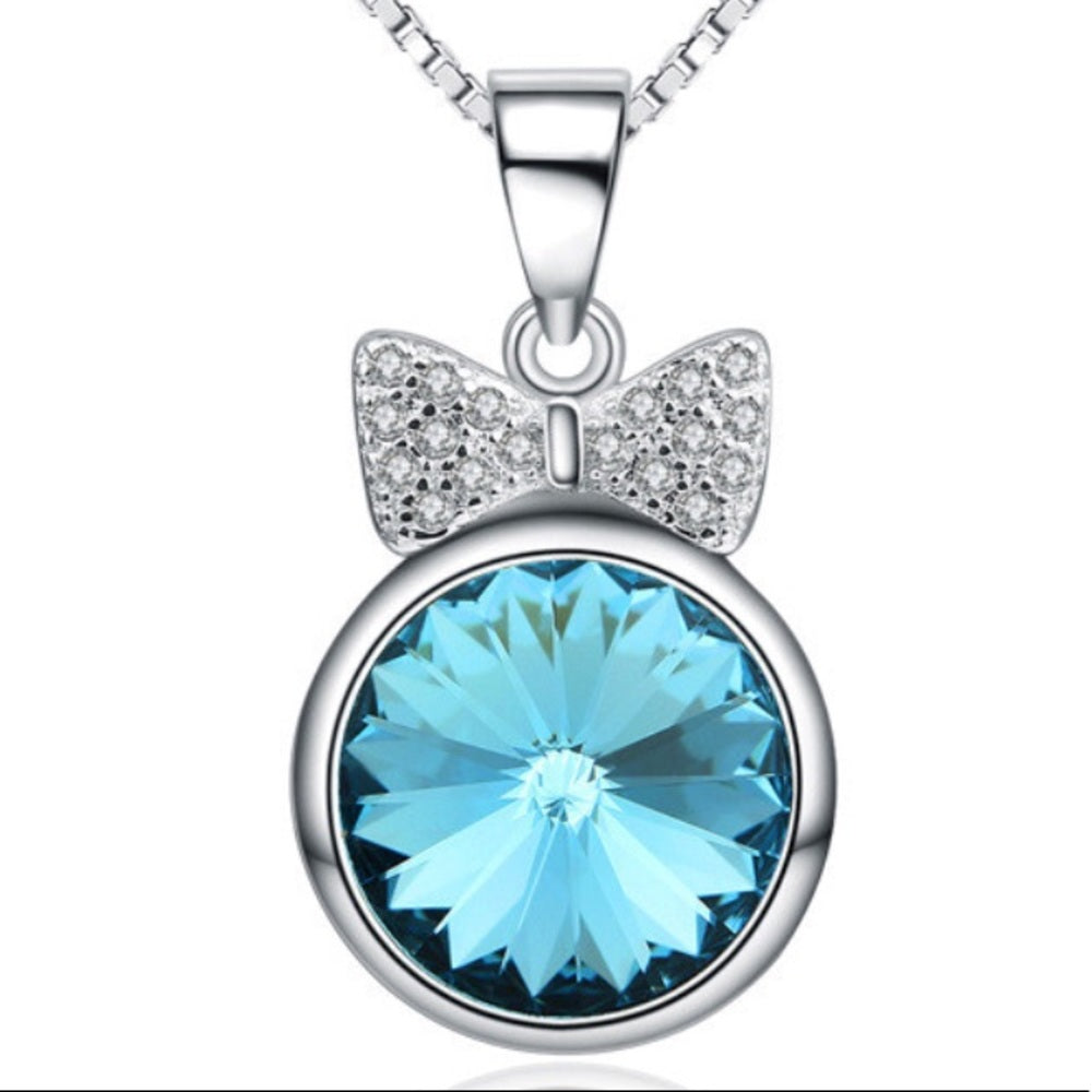 Swarovski Sterling Silver Blue Bow Necklace New