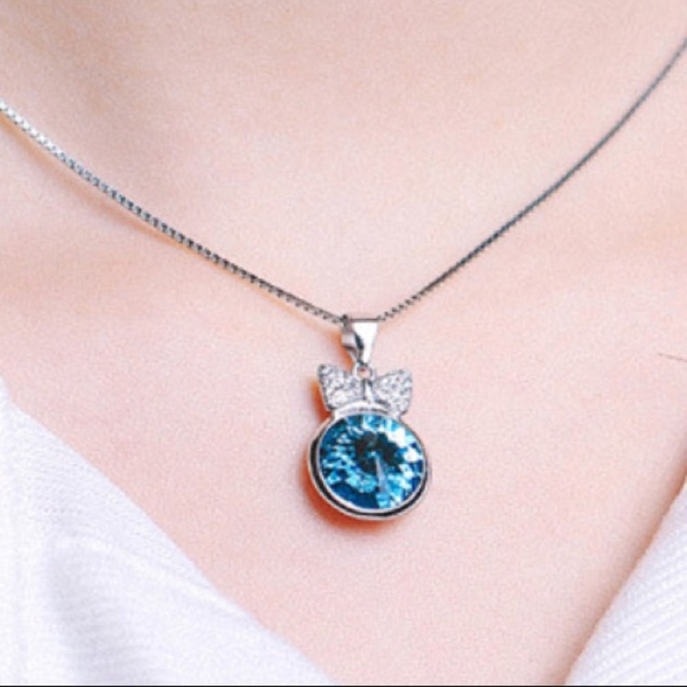 Swarovski Sterling Silver Blue Bow Necklace New