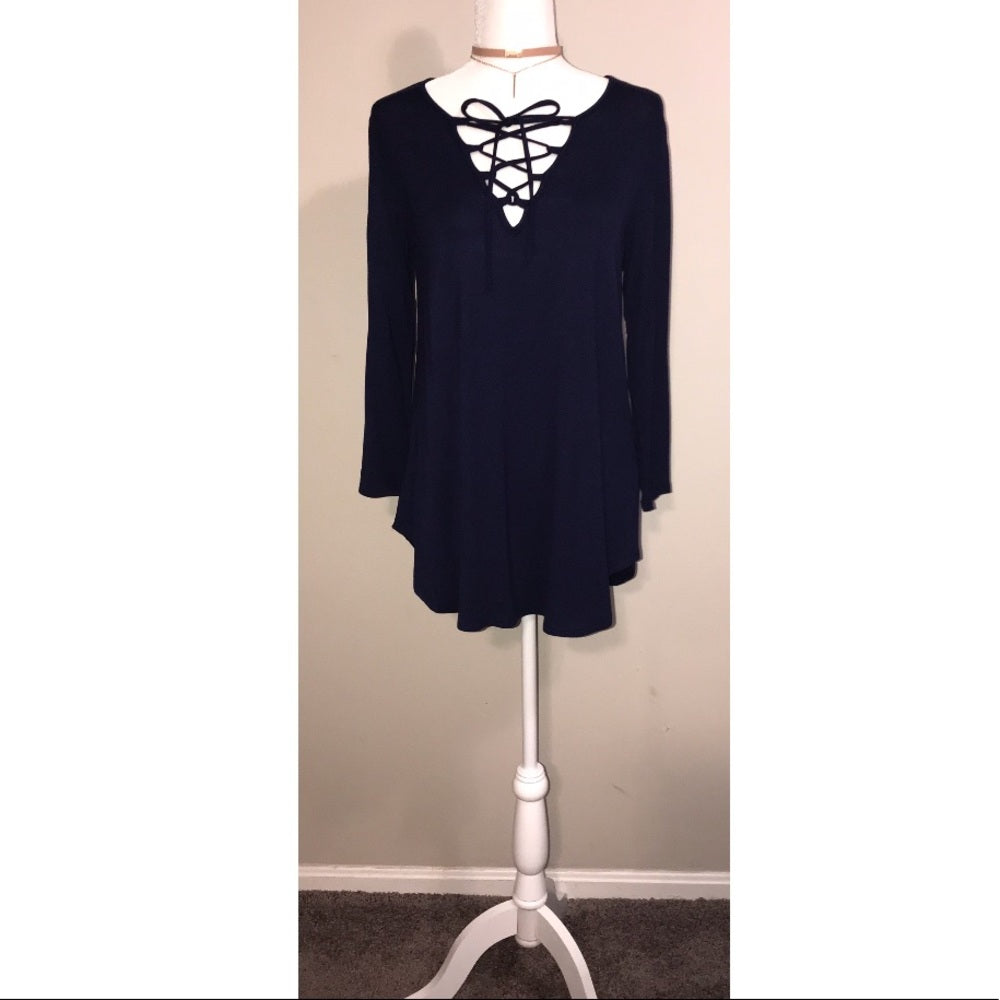 Scandinavian Lace Up Top Navy Blue With Tags