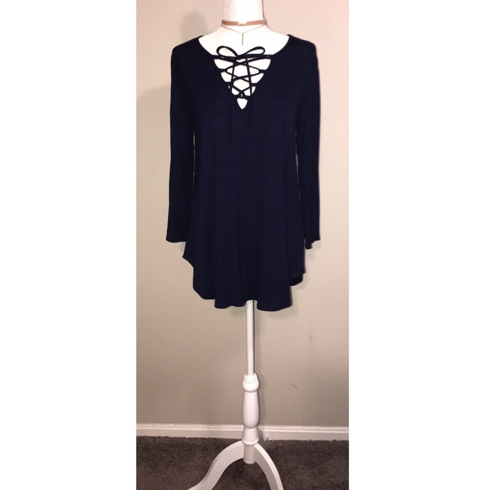 Scandinavian Lace Up Top Navy Blue With Tags