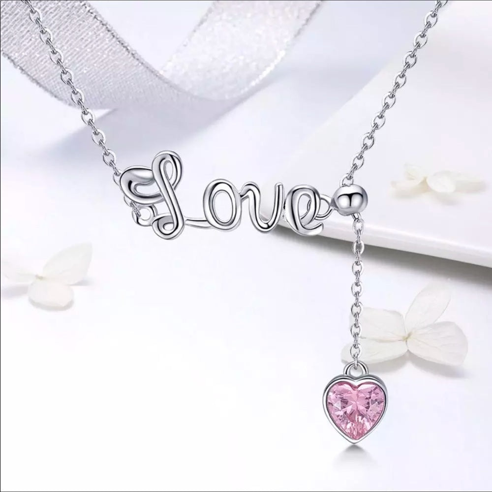 Solid 925 Sterling Silver Love Pink Heart Necklace