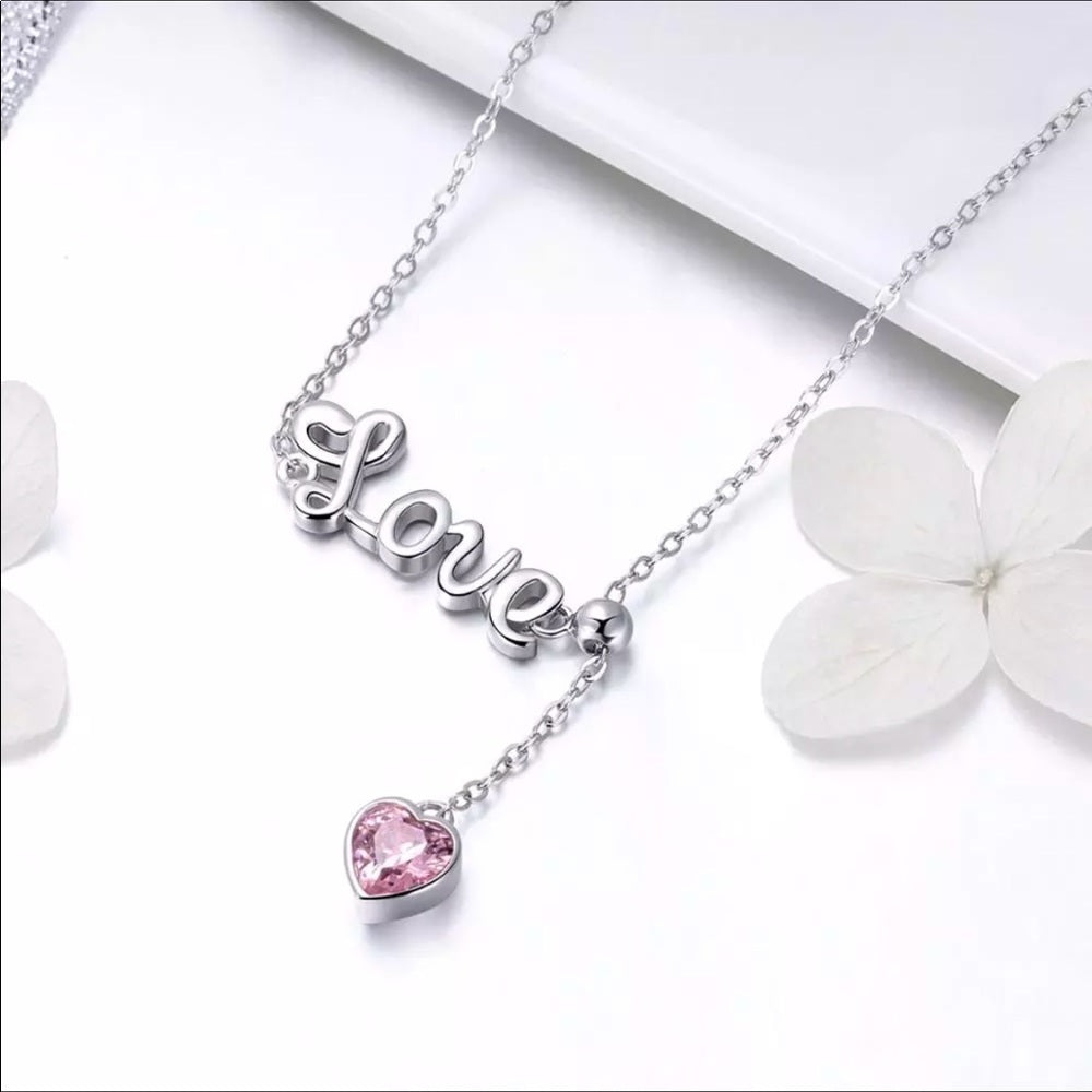 Solid 925 Sterling Silver Love Pink Heart Necklace