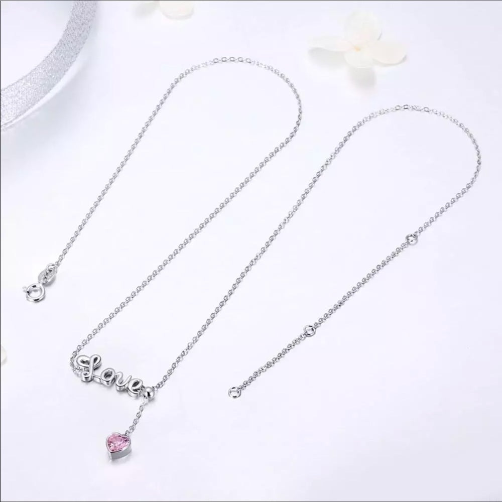 Solid 925 Sterling Silver Love Pink Heart Necklace