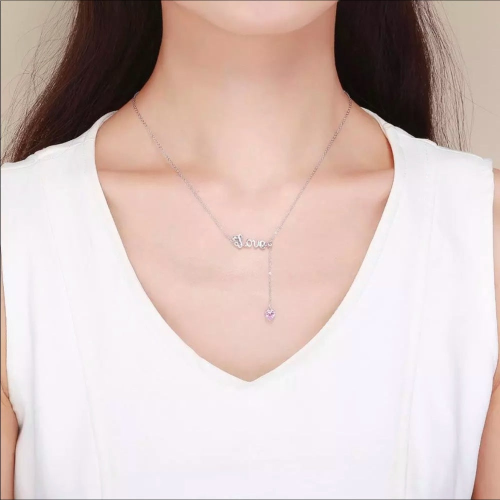 Solid 925 Sterling Silver Love Pink Heart Necklace