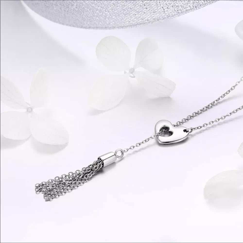 Solid Sterling Silver Love Heart Tassel Necklace