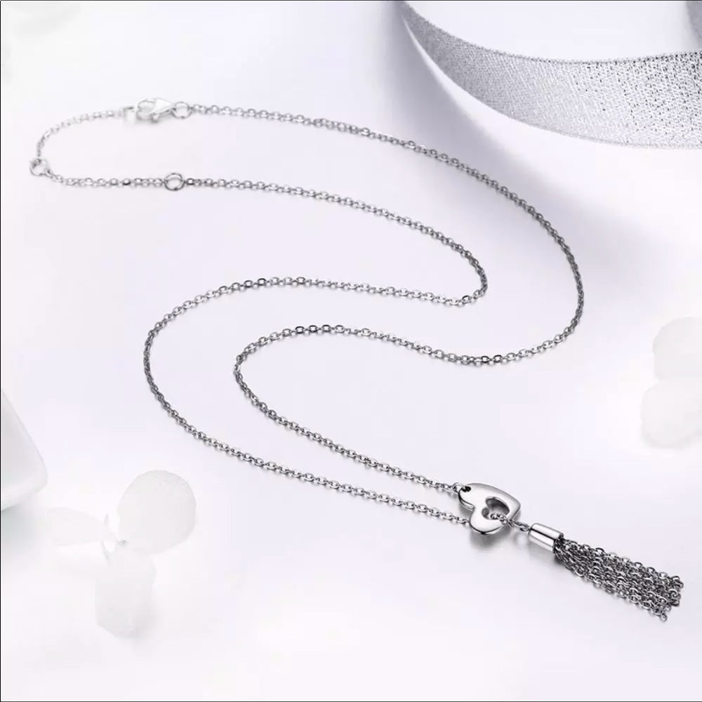 Solid Sterling Silver Love Heart Tassel Necklace