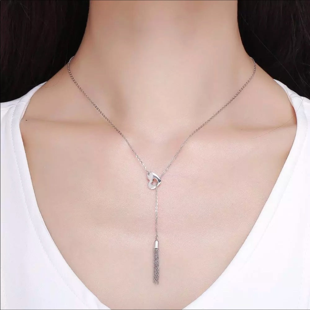 Solid Sterling Silver Love Heart Tassel Necklace