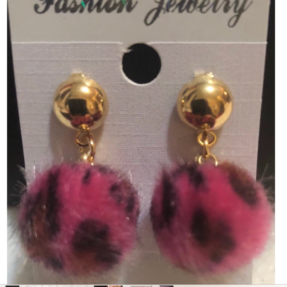 Leopard Pom Pom Earrings Faux Fur NWT