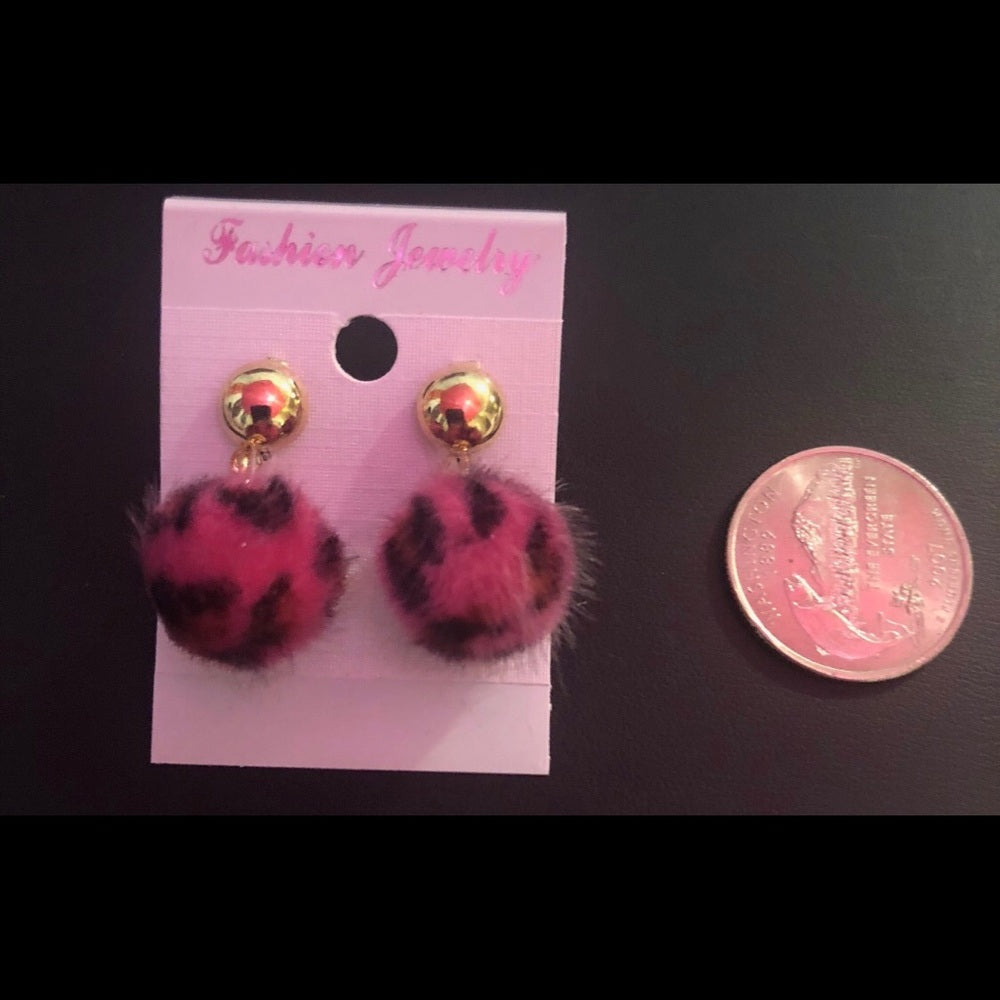 Leopard Pom Pom Earrings Faux Fur NWT