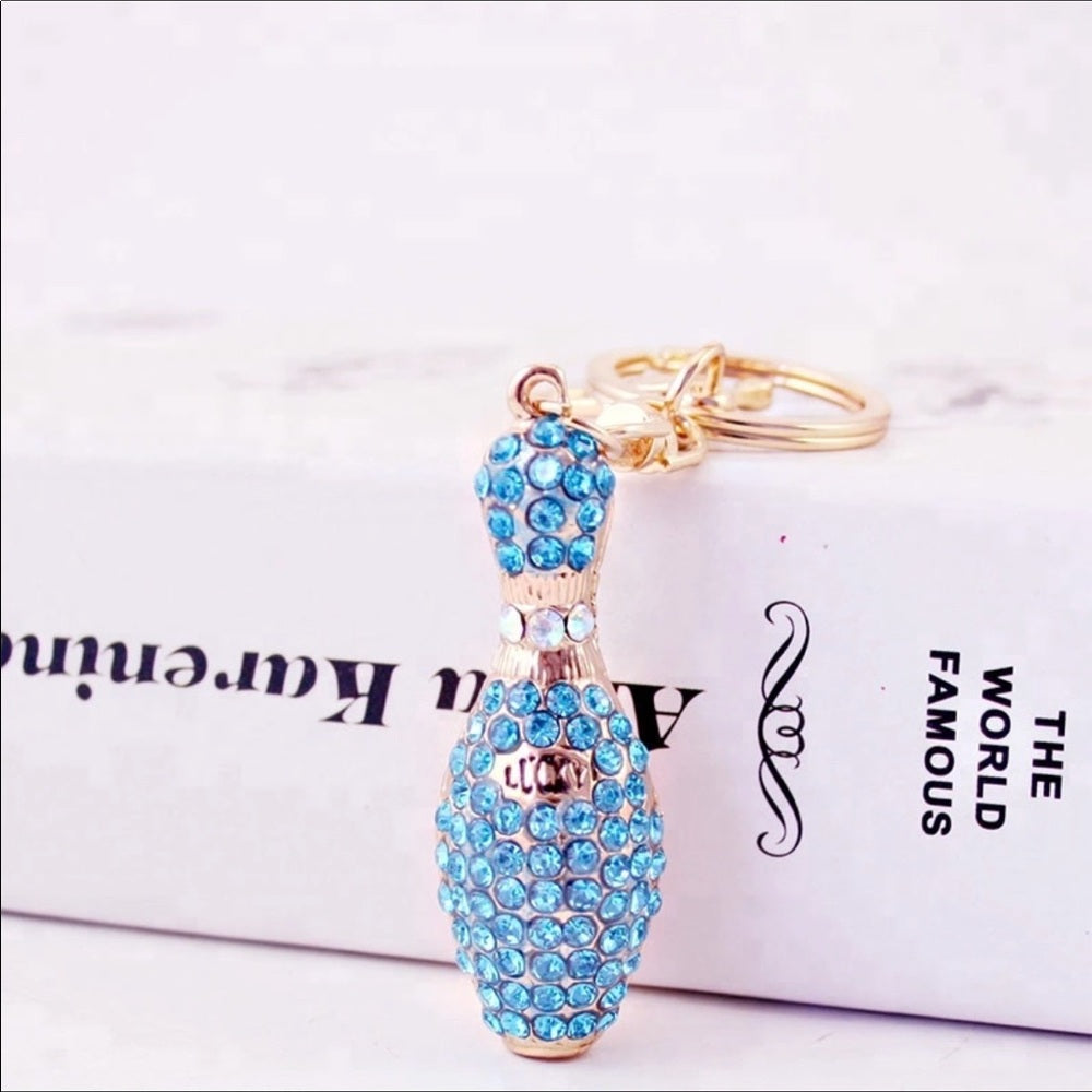 Glitzy Glam Blue Bowling Pin Purse Charm Keychain