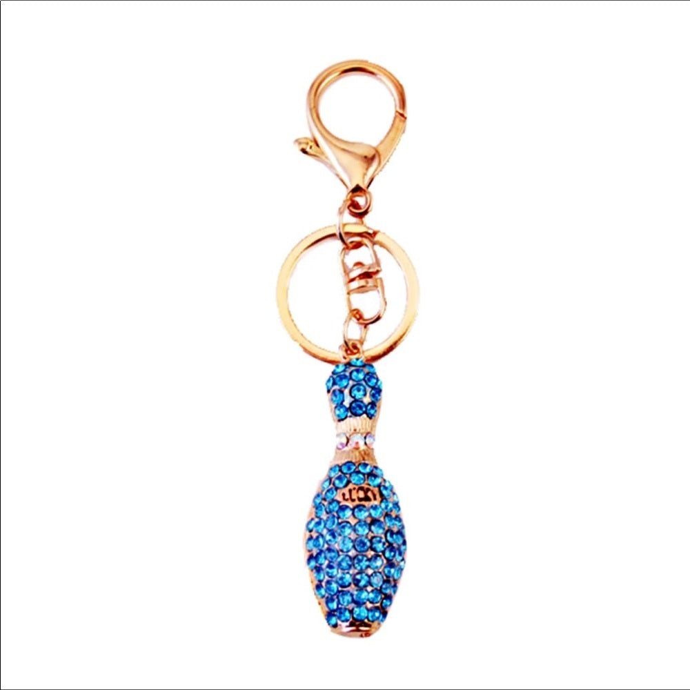 Glitzy Glam Blue Bowling Pin Purse Charm Keychain