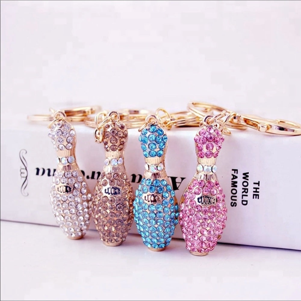 Glitzy Glam Pink Bowling Pin Purse Charm Keychain