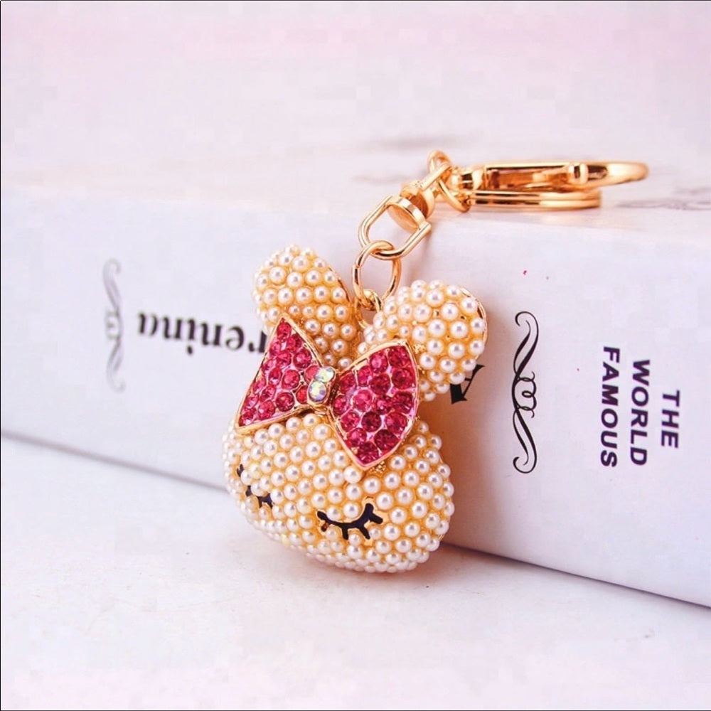 Pearly Crystal Pink Bow Bunny Purse Charm Keychain