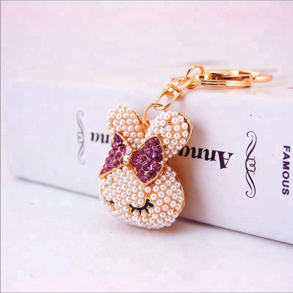 Pearl Crystal Purple Bow Bunny Purse Charm KeyRing