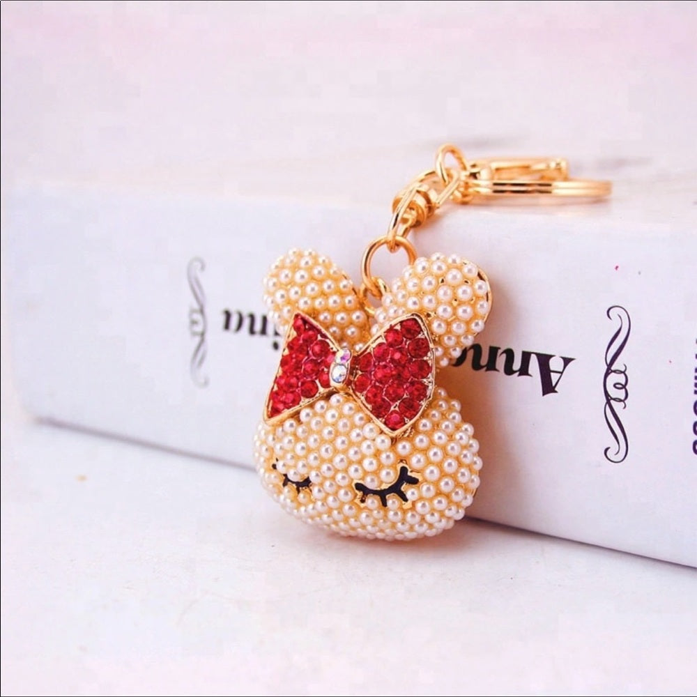 Pearly Crystal Red Bow Purse Charm Keychain New