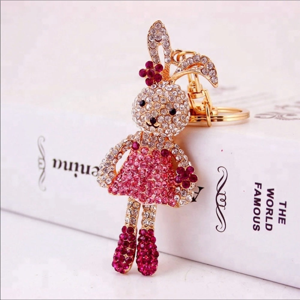 Glitzy Crystal Pink Rabbit Purse Charm Keychain