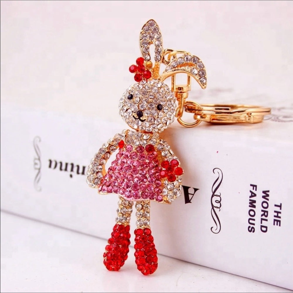 Glitzy Crystal Pink Rabbit Purse Charm Keychain