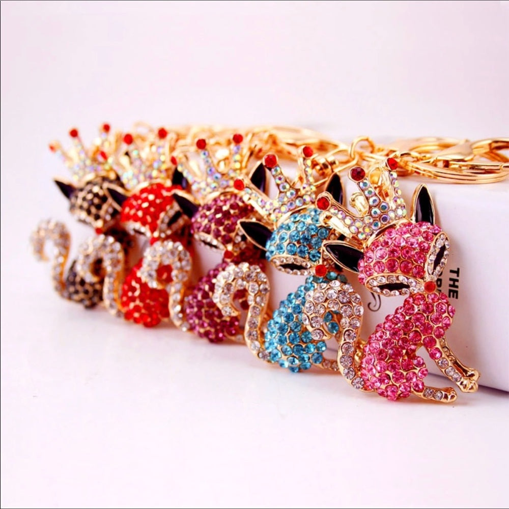 Crowned Pink Crystal Fox Purse Charm Keychain New