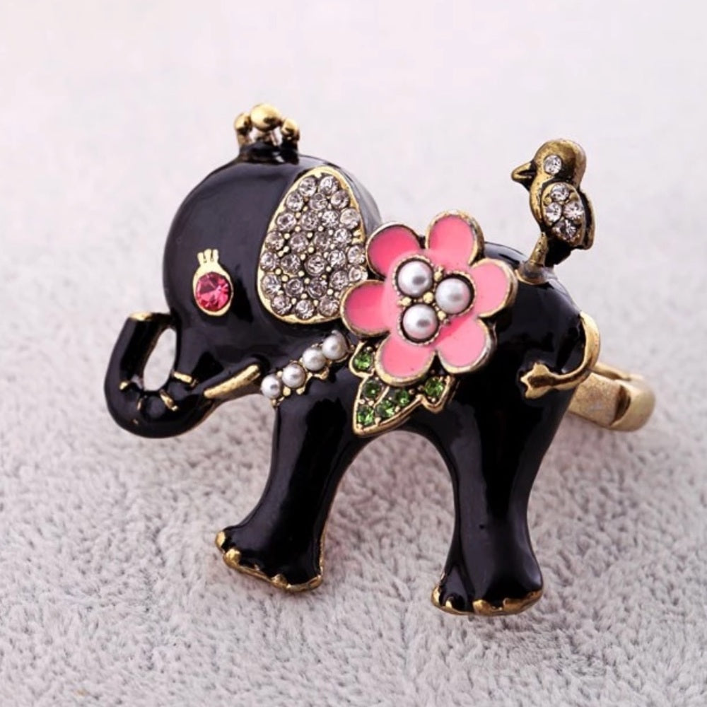 Swarovski Black Pink Pearl Elephant Stretchy Ring