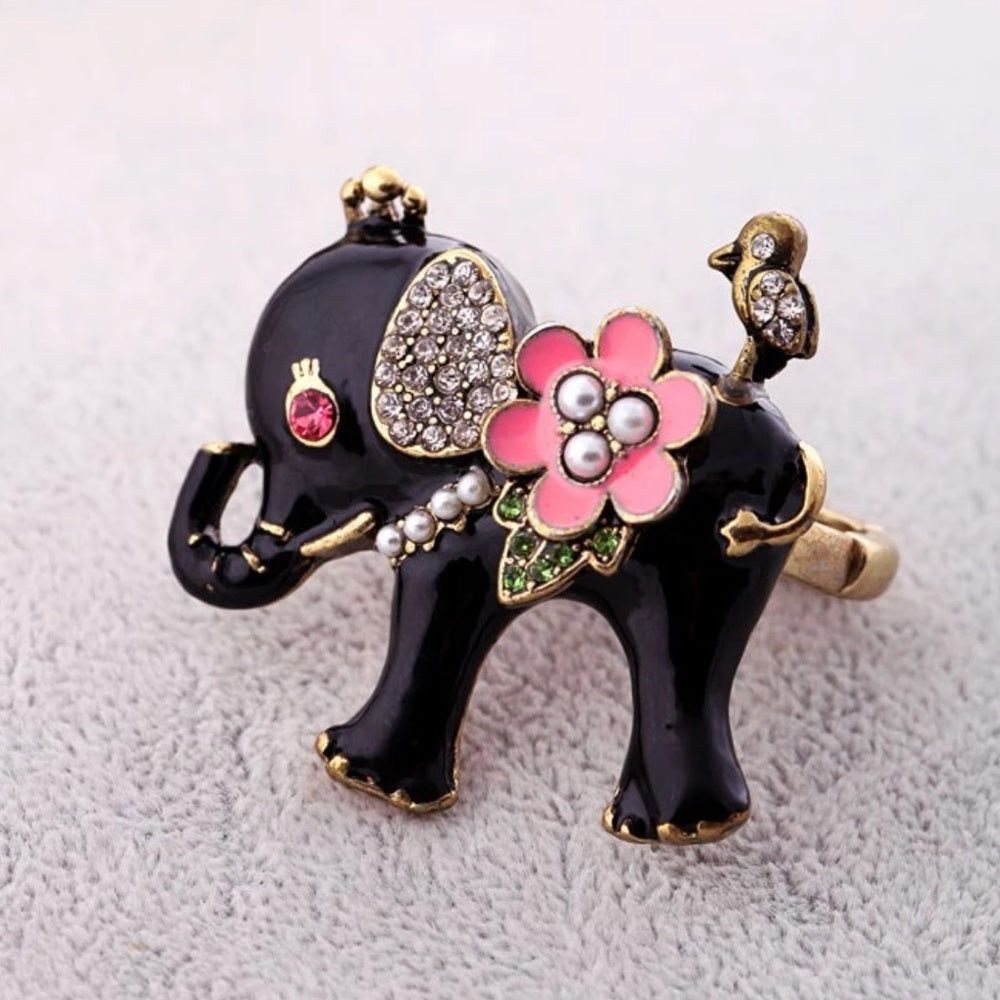Swarovski Black Pink Pearl Elephant Stretchy Ring