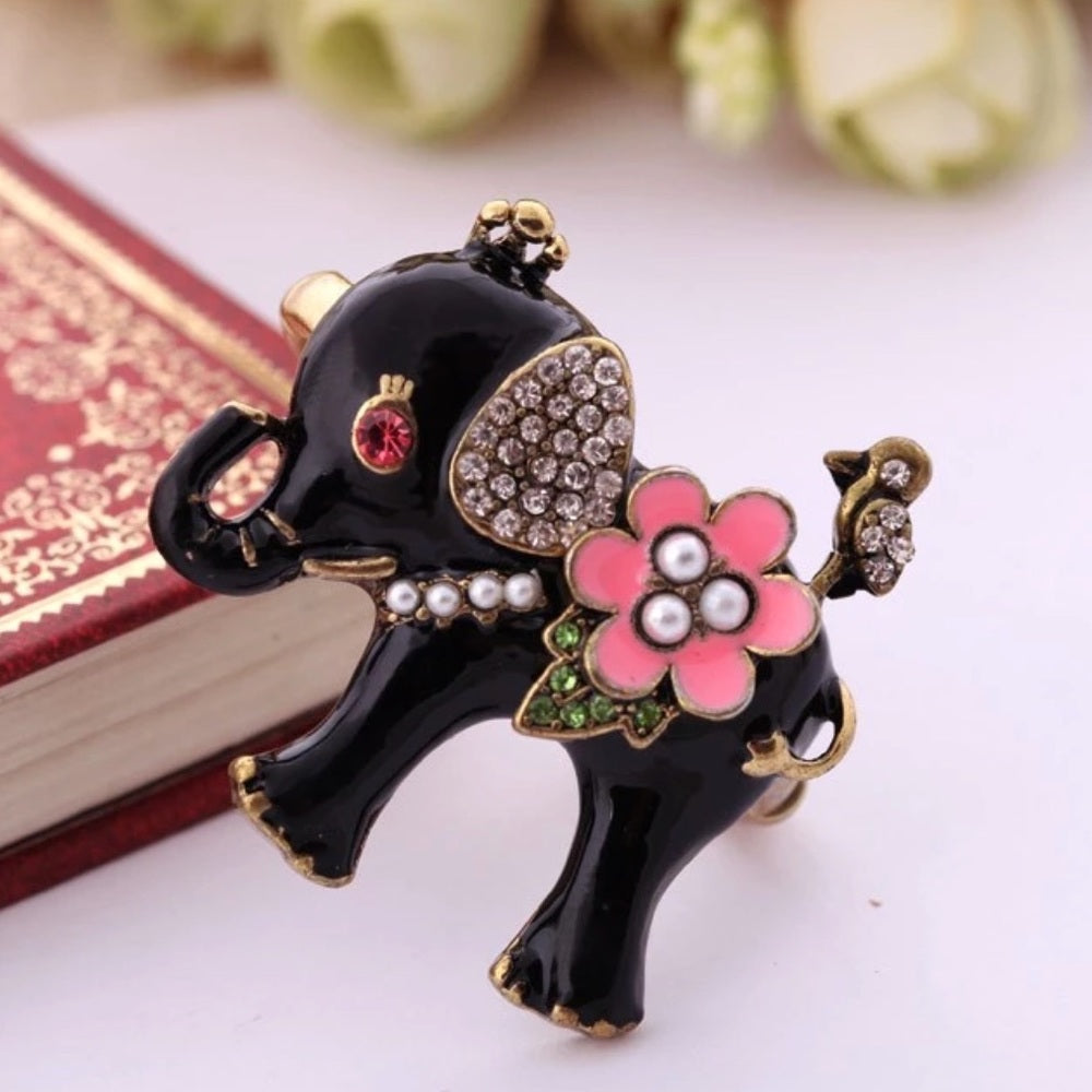 Swarovski Black Pink Pearl Elephant Stretchy Ring