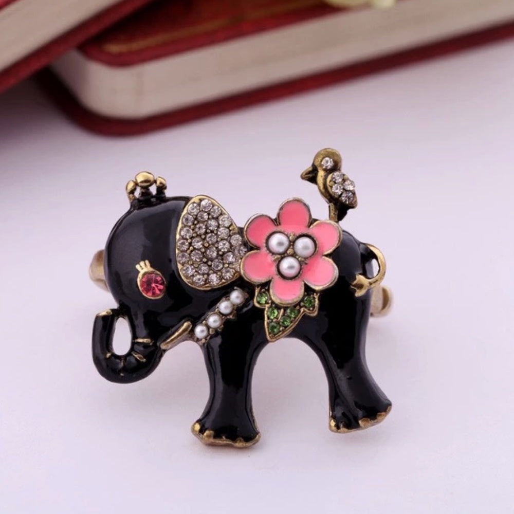 Swarovski Black Pink Pearl Elephant Stretchy Ring