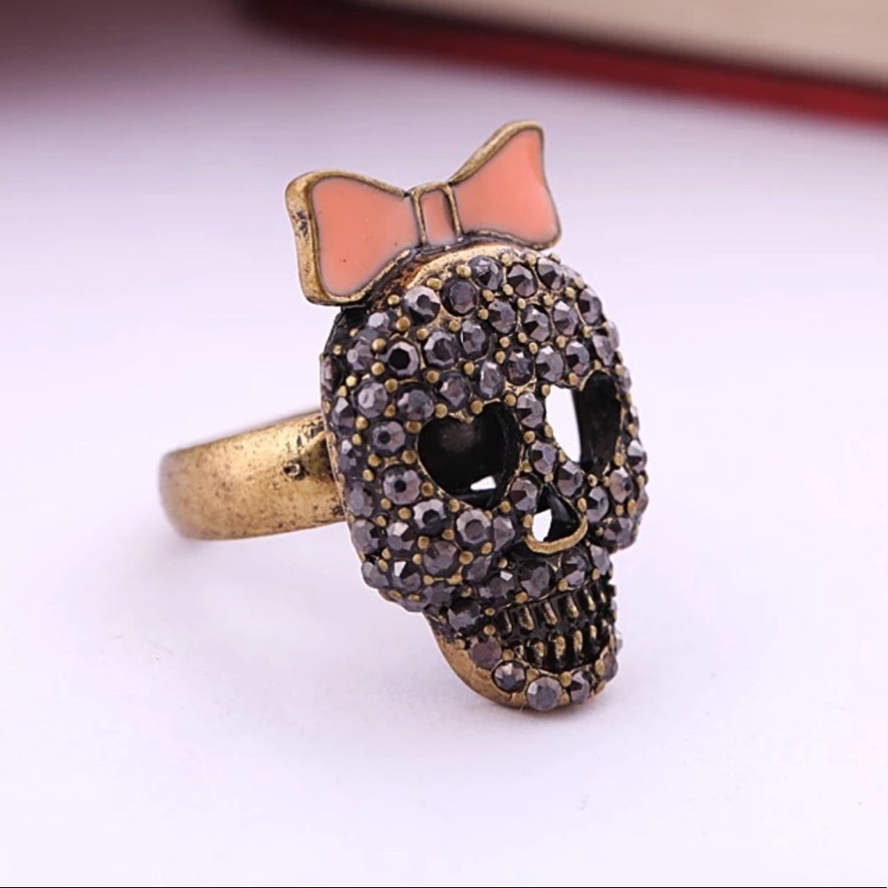 Swarovski Skull Pink Bow Ring New With Tags NWT