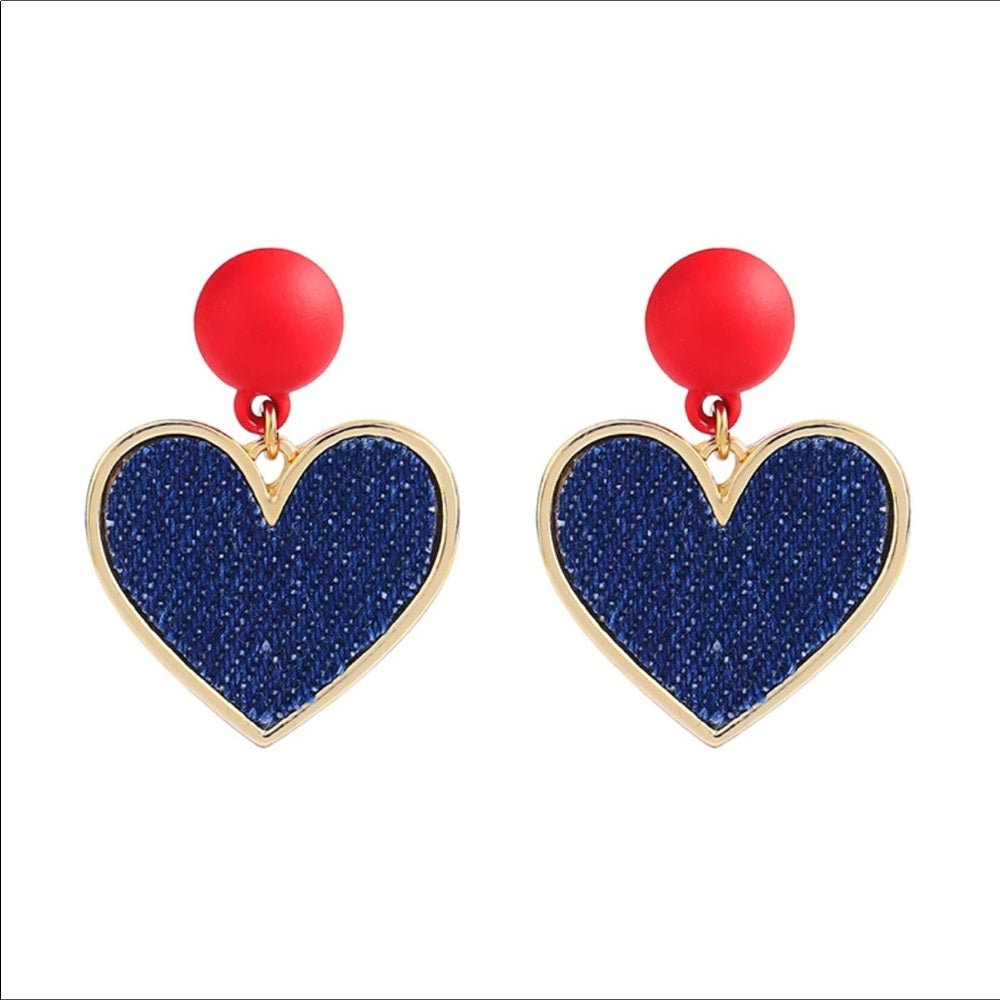 French Country Love Heart Denim Earrings New NWT