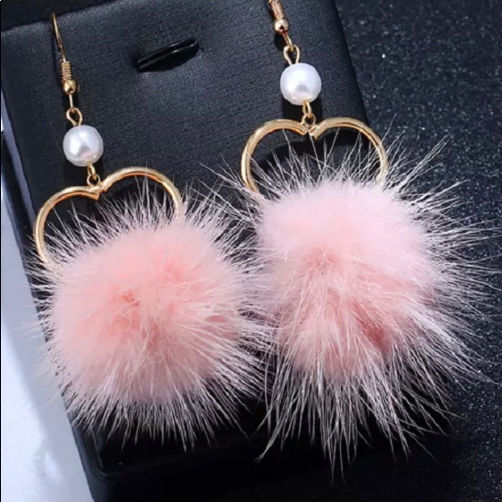 Fur Heart Pearl Pink Pom Pom Earrings New
