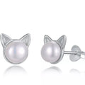 Solid Sterling Silver Genuine Pearl Cat Earrings