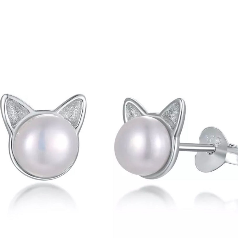 Solid Sterling Silver Genuine Pearl Cat Earrings