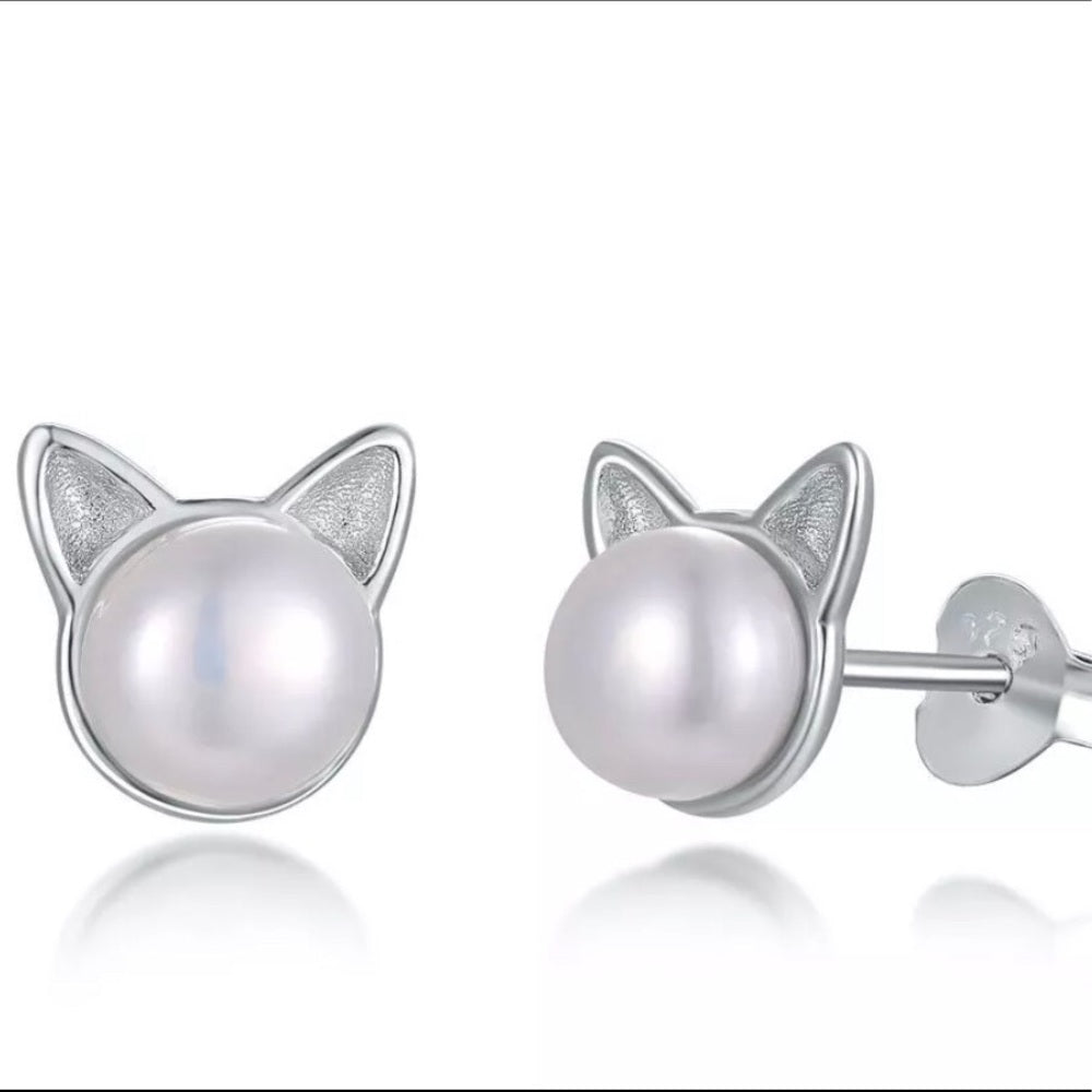 Solid Sterling Silver Genuine Pearl Cat Earrings