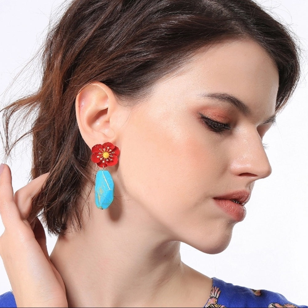 Country French Turquoise Floral Earrings New